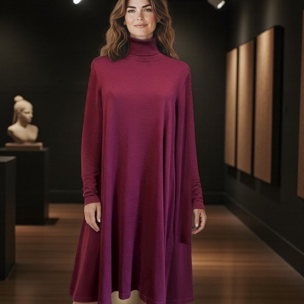 AGB Knit Sweater Dress Burgundy SZ XL Midi Turtle Neck Long Sleeve Minimalist